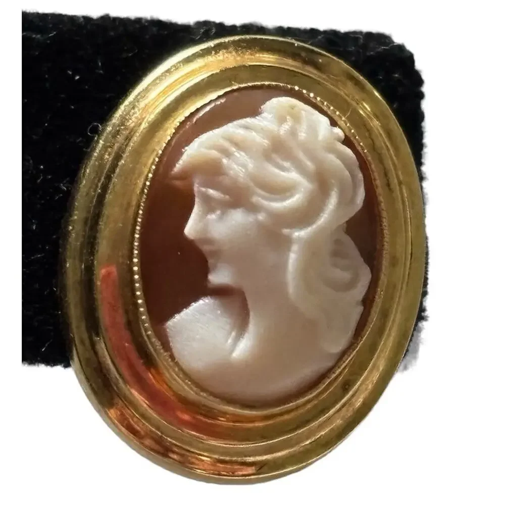 14k Yellow Gold Oval Carved Shell Italian Lady Head Cameo Earrings 4.0 Gram Vtg